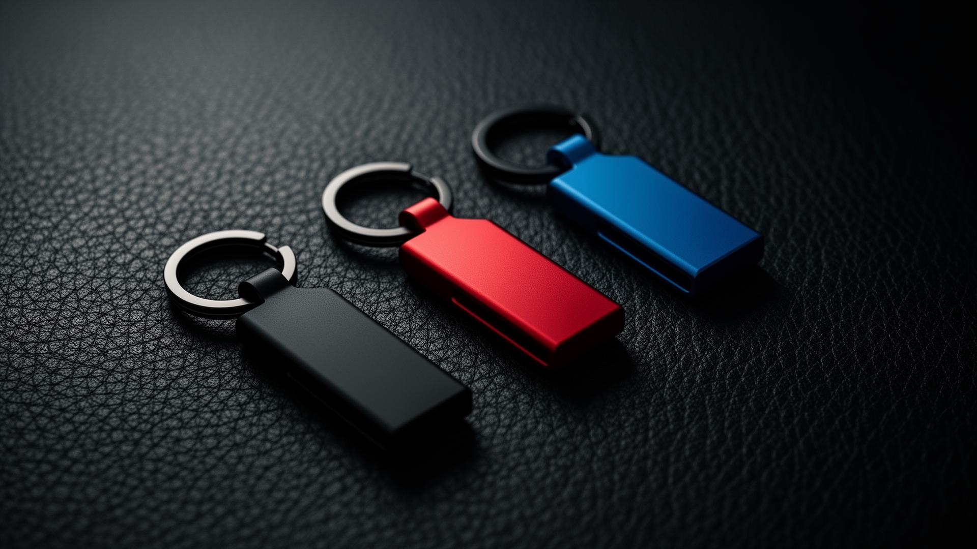 Three Virekey keyrings in black, red and blue on dark leather